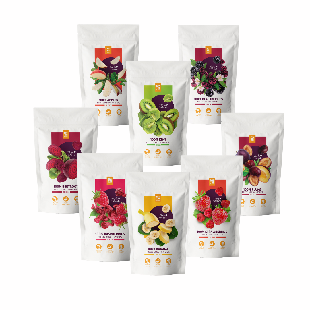 freeze dried berries, veggies, fruits, healthy snacks, freeze dried strawberries, raspberries, banana, plums, beetroots, kiwi, apples, blackberries, liofilizētas ogas, sublimētas ogas, liofilizētas avenes, liofiizētas zemenes