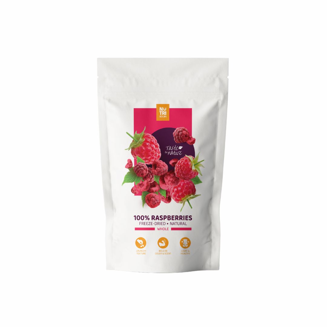 freeze-dried-raspberries-snacks-nutriboom-liofilizetas-sublimetas-avenes, no added sugar, healthy, snacks, office snacks